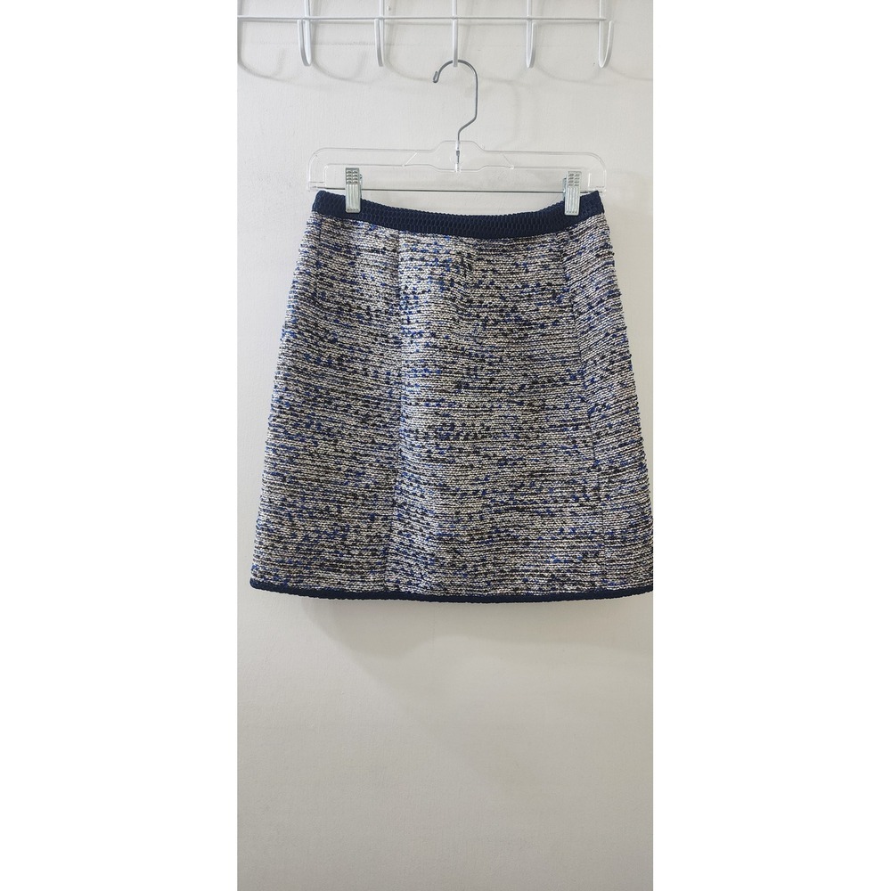 J.Crew Navy Blue Tweed Mini Skirt Size 2 Metallic Gold Back Zip C9135 FA15